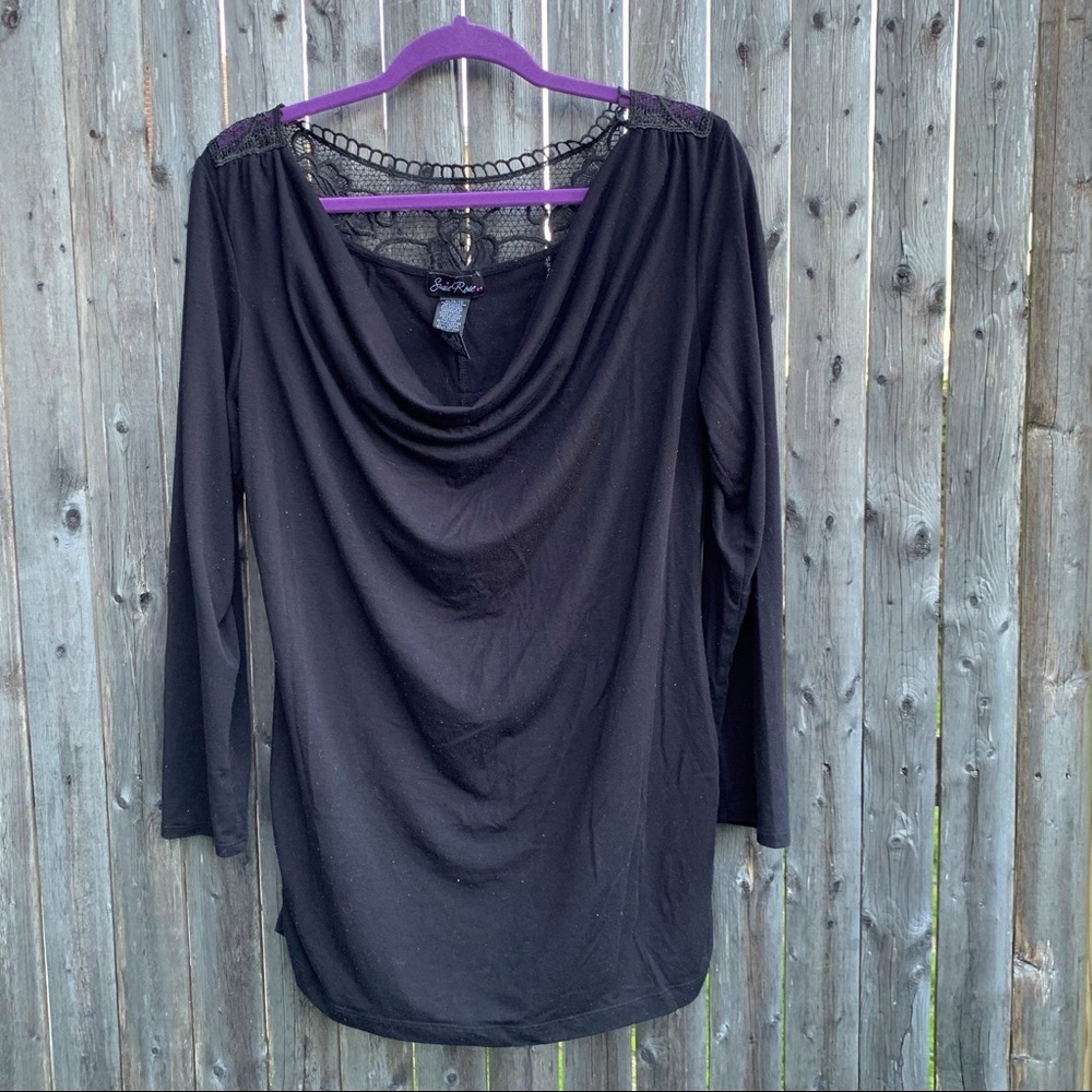 Susie Rose Draped Neckline Black Crochet Back Top